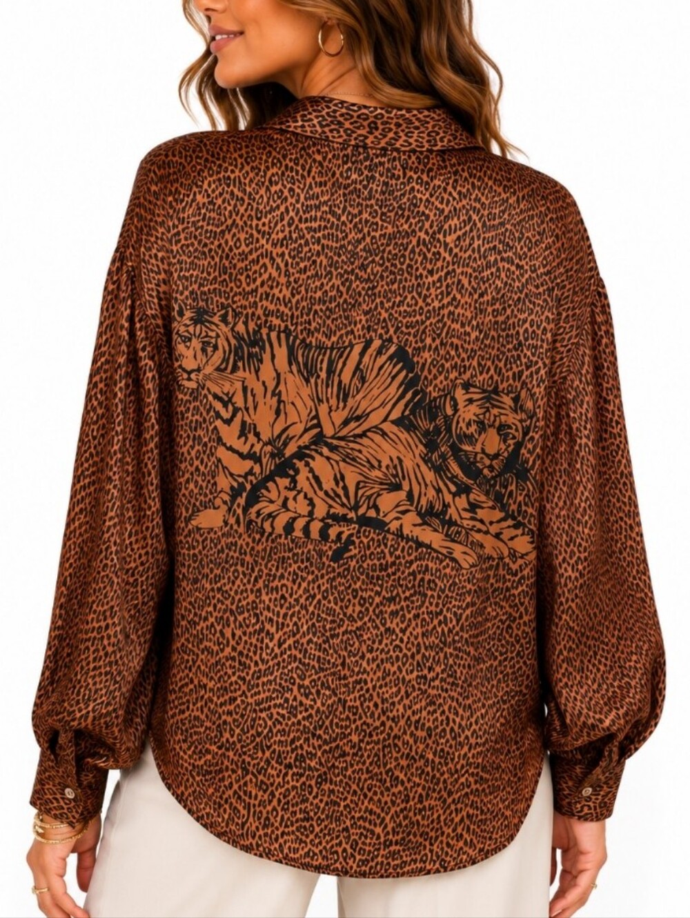 Malina Wong Silk Leopard Print Button Front Blouse Tiger Back Brown Size XL